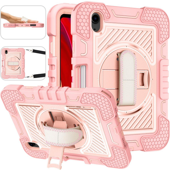 360 Degree Rotation Contrast Color Shockproof Silicone + PC Tablet Case with Holder & Hand Grip Strap & Shoulder Strap - iPad mini 6(Rose Gold)