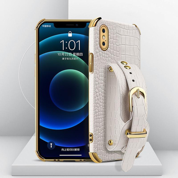 Electroplated TPU Crocodile Pattern Leatherette Case with Wrist Strap - iPhone XS Max(White)