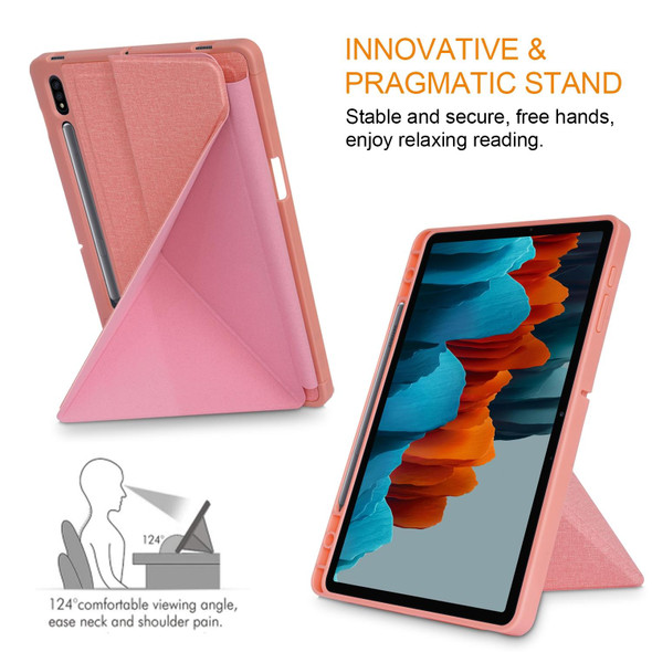 Samsung Galaxy Tab S7 FE T730 / T735 / Tab S7+ / T970 / T975 Cloth Texture Multi-folding Leather Tablet Case with Holder & Sleep / Wake-up (Pink)
