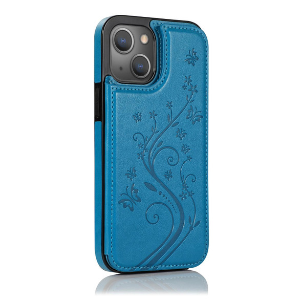 Butterflies Flowers Double Buckle PU + TPU Protective Case with Holder & Card Slots & Photo Frame - iPhone 13(Blue)