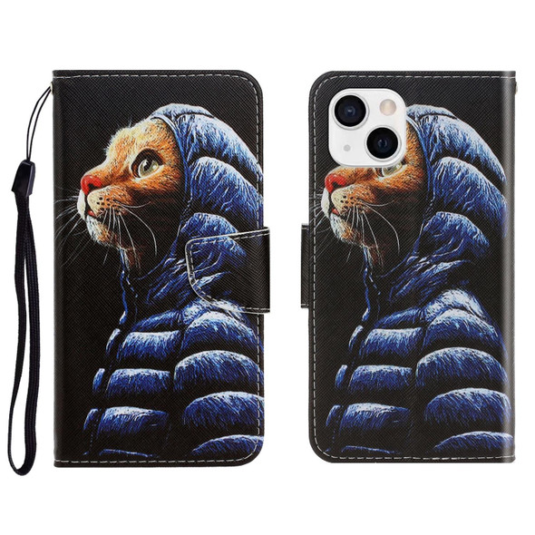 3D Colored Drawing Horizontal Flip Leatherette Phone Case - iPhone 13(Down Jacket Cat)