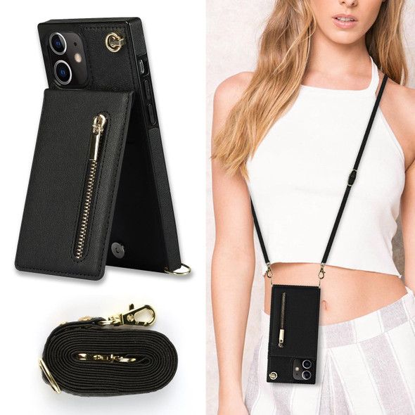 Cross-body Zipper Square TPU+PU Back Cover Case with Holder & Card Slots & Wallet & Strap - iPhone 12 mini(Black)