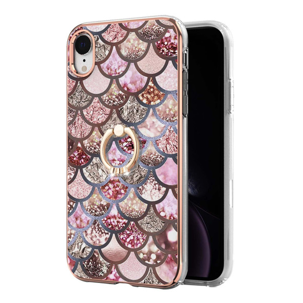 Electroplating Pattern IMD TPU Shockproof Case with Rhinestone Ring Holder - iPhone XR(Pink Scales)