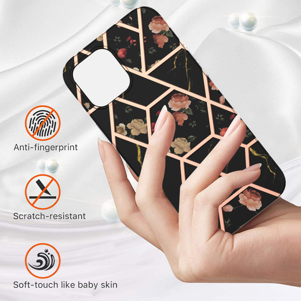 Electroplating Splicing Marble Flower Pattern TPU Shockproof Case - iPhone 13 Pro(Black Flower)