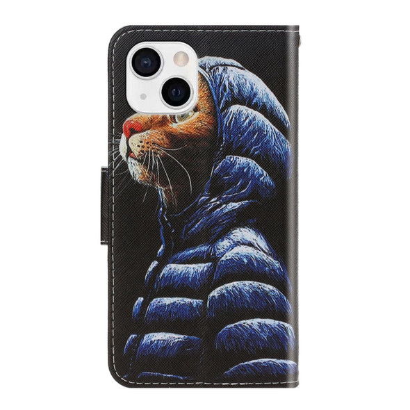 3D Colored Drawing Horizontal Flip Leatherette Phone Case - iPhone 13 mini(Down Jacket Cat)