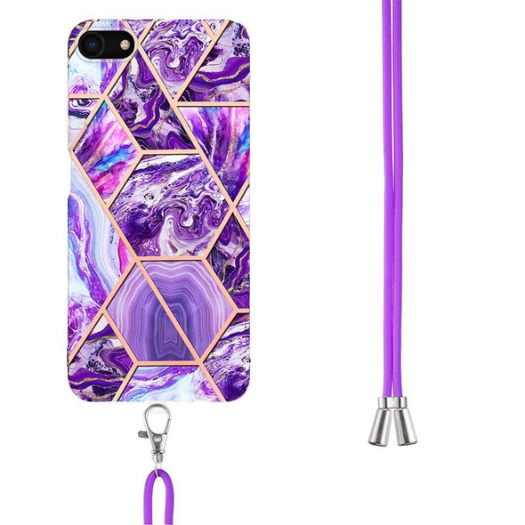 Electroplating Splicing Marble TPU Phone Case with Lanyard - iPhone SE 2022 / SE 2020 / 8 / 7(Dark Purple)