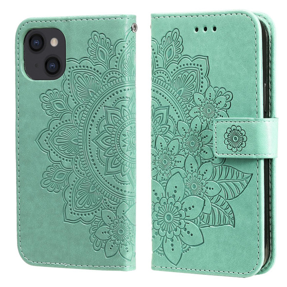 7-petal Flowers Embossing Pattern Horizontal Flip PU Leatherette Case with Holder & Card Slots & Wallet & Photo Frame - iPhone 13(Green)