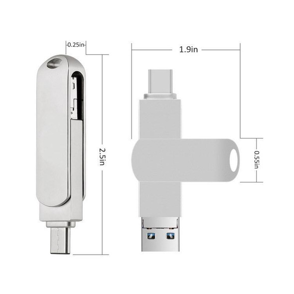 64GB USB 3.0 + 8 Pin + USB-C / Type-C 3 in 1 Phone Computer Rotatable Metal U-Disk