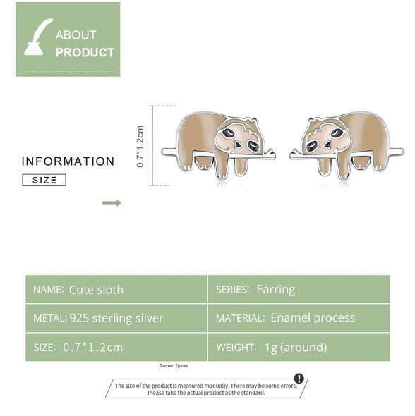 S925 Sterling Silver Cute Sloth Ear Studs Women Earrings