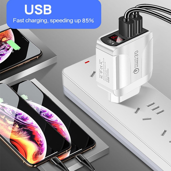 F002C QC3.0 USB + USB 2.0 LED Digital Display Fast Charger with USB to 8 Pin Data Cable, UK Plug(White)