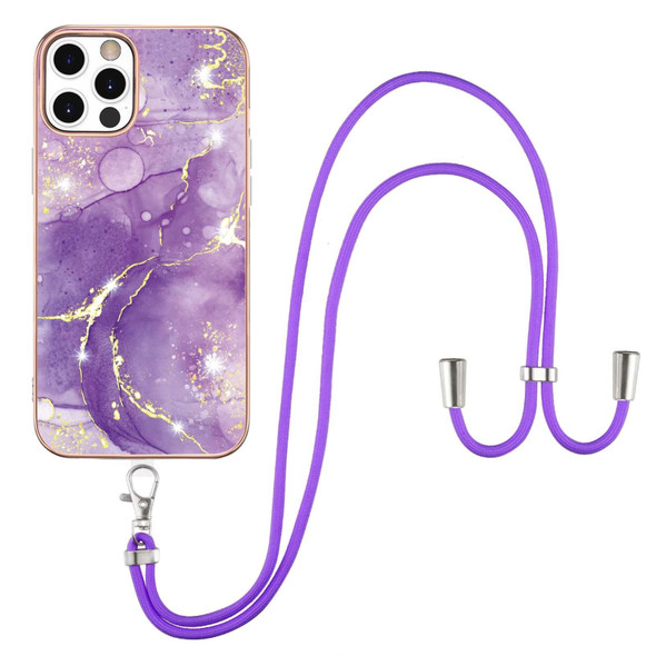 Electroplating Marble Pattern IMD TPU Shockproof Case with Neck Lanyard - iPhone 12 Pro Max(Purple 002)