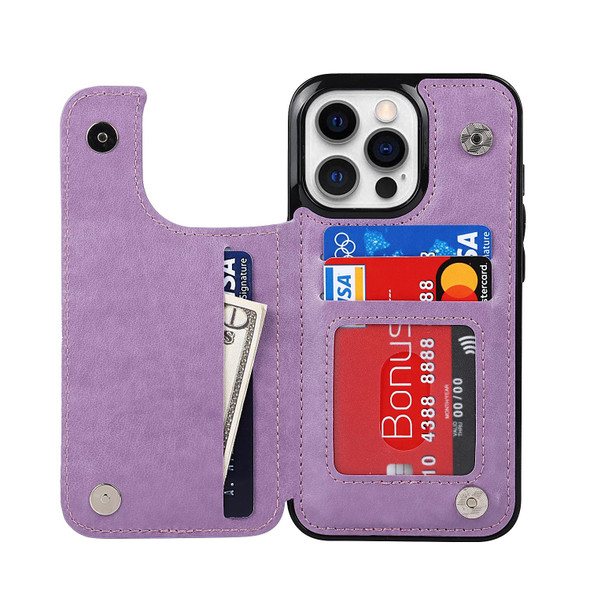 Double Buckle Mandala Pattern PU+TPU Protective Case with Card Slots & Holder & Photo Frame - iPhone 13 Pro(Purple)