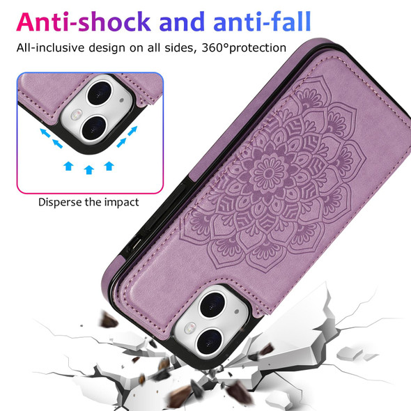 Double Buckle Mandala Pattern PU+TPU Protective Case with Card Slots & Holder & Photo Frame - iPhone 13(Purple)