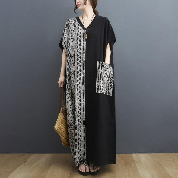 Ladies Cotton Linen Retro V-neck Color Matching Long Robe Dress (Color:Black Size:One Size)