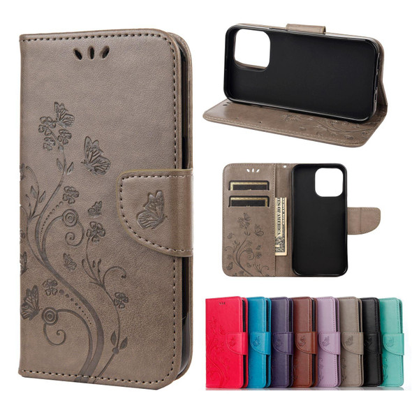 Butterfly Flower Pattern Horizontal Flip Leatherette Case with Holder & Card Slots & Wallet - iPhone 13 mini(Grey)