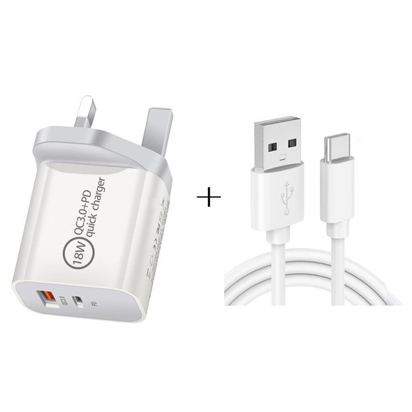 SDC-18W 18W PD 3.0 + QC 3.0 USB Dual Fast Charging Universal Travel Charger with USB to Type-C / USB-C Fast Charging Data Cable, UK Plug