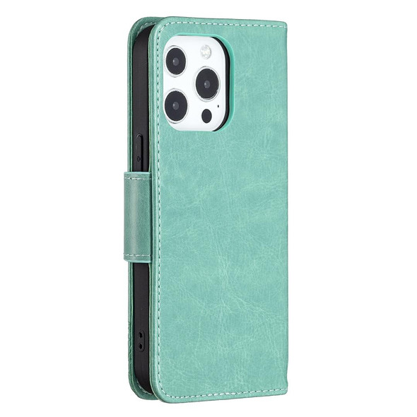 Embossing Two Butterflies Pattern Horizontal Flip PU Leatherette Case with Holder & Card Slot & Wallet & Lanyard - iPhone 13 Pro Max(Green)