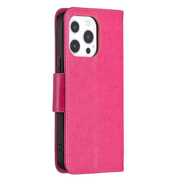 Embossing Two Butterflies Pattern Horizontal Flip PU Leatherette Case with Holder & Card Slot & Wallet & Lanyard - iPhone 13 Pro Max(Rose Red)