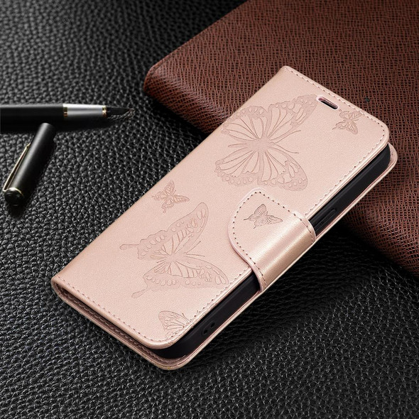 Embossing Two Butterflies Pattern Horizontal Flip PU Leatherette Case with Holder & Card Slot & Wallet & Lanyard - iPhone 13 Pro Max(Rose Gold)