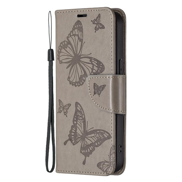 Embossing Two Butterflies Pattern Horizontal Flip PU Leatherette Case with Holder & Card Slot & Wallet & Lanyard - iPhone 13 mini(Grey)