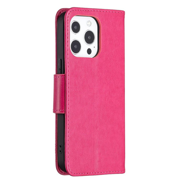 Embossing Two Butterflies Pattern Horizontal Flip PU Leatherette Case with Holder & Card Slot & Wallet & Lanyard - iPhone 13 mini(Rose Red)