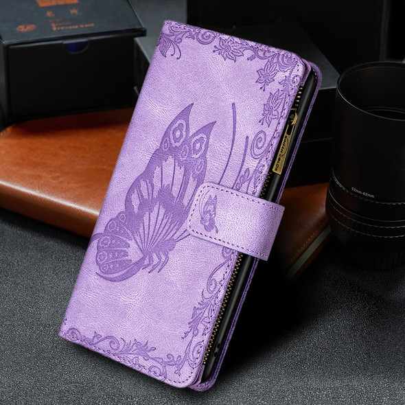 Flying Butterfly Embossing Pattern Zipper Horizontal Flip Leatherette Case with Holder & Card Slots & Wallet - iPhone 13 Pro(Purple)