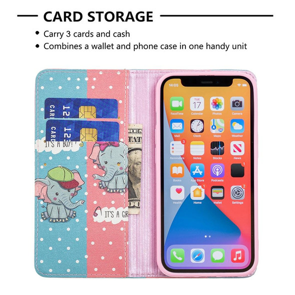 Colored Drawing Pattern Invisible Magnetic Horizontal Flip PU Leatherette Case with Holder & Card Slots & Wallet - iPhone 13 Pro(Elephant)