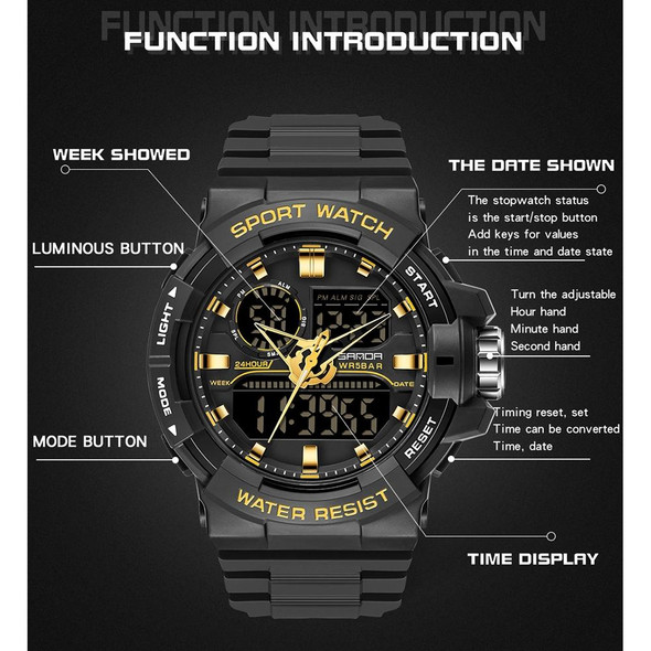 SANDA 6025 Dual Time Digital Display Luminous Calendar Waterproof Multifunctional Men Sports Quartz Watch(All Black)