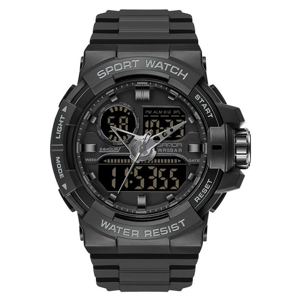 SANDA 6025 Dual Time Digital Display Luminous Calendar Waterproof Multifunctional Men Sports Quartz Watch(All Black)