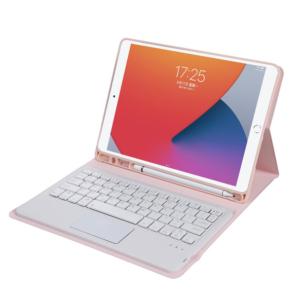 A11B-A Lambskin Texture Square Keycap Bluetooth Keyboard Leatherette Case with Touch Control - iPad Air 4 2020 10.9 / Pro 11 inch 2021 & 2020 & 2018(Pink)