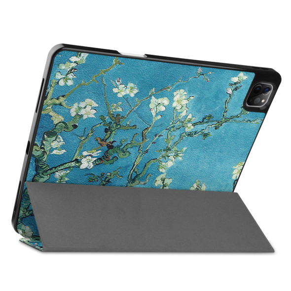 Colored Drawing Horizontal Flip TPU + PU Leatherette Tablet Case with Three-folding Holder & Sleep / Wake-up Function & Pen Slot - iPad Pro 12.9 (2021)(Apricot Flower)