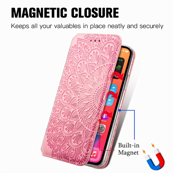 iPhone 13 Pro Max Blooming Mandala Embossed Pattern Magnetic Horizontal Flip Leather Case with Holder & Card Slots & Wallet(Pink)