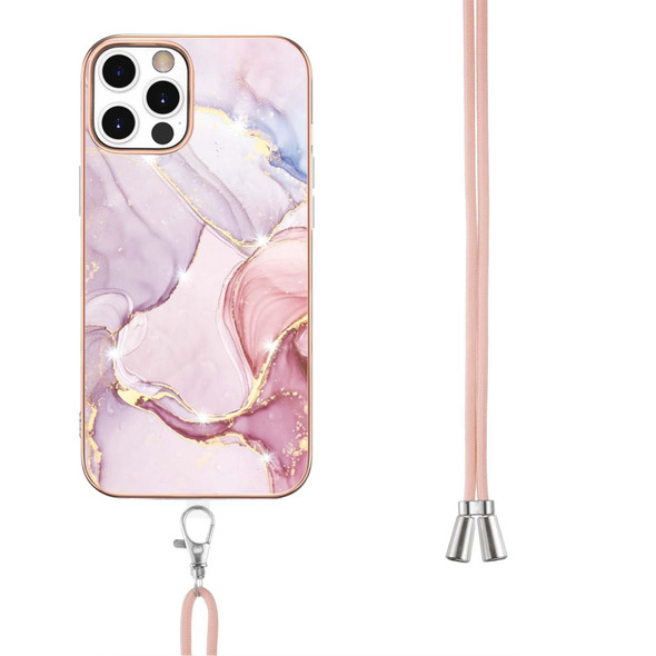 Electroplating Marble Pattern IMD TPU Shockproof Case with Neck Lanyard - iPhone 12 Pro Max(Rose Gold 005)