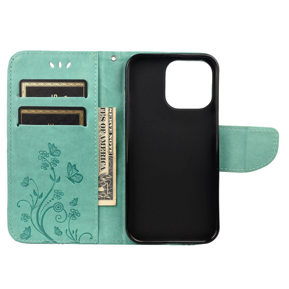 Butterfly Flower Pattern Horizontal Flip Leatherette Case with Holder & Card Slots & Wallet - iPhone 13 Pro(Green)