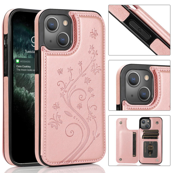 Butterflies Flowers Double Buckle PU + TPU Protective Case with Holder & Card Slots & Photo Frame - iPhone 13 Pro Max(Rose Gold)