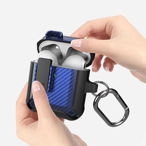 Wireless Earphones Shockproof Bumblebee Carbon Fiber Protective Case with Switch - AirPods 1/2(Black Blue)