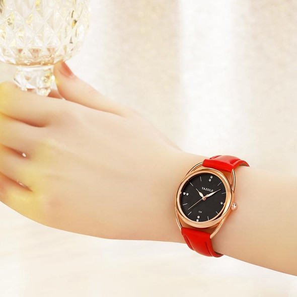 YAZOLE Ladies Luminous Quartz Watch(537 Gold Shell Black Tray Red Belt)