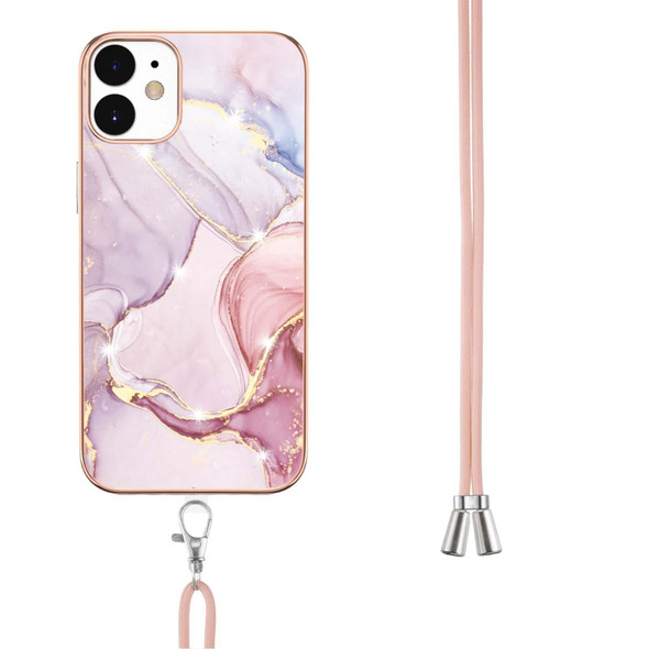 Electroplating Marble Pattern IMD TPU Shockproof Case with Neck Lanyard - iPhone 12 / 12 Pro(Rose Gold 005)