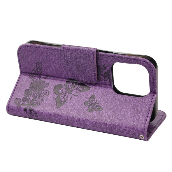 Vintage Embossed Floral Butterfly Pattern Horizontal Flip Leather Case with Card Slot & Holder & Wallet & Lanyard - iPhone 13 Pro Max(Purple)