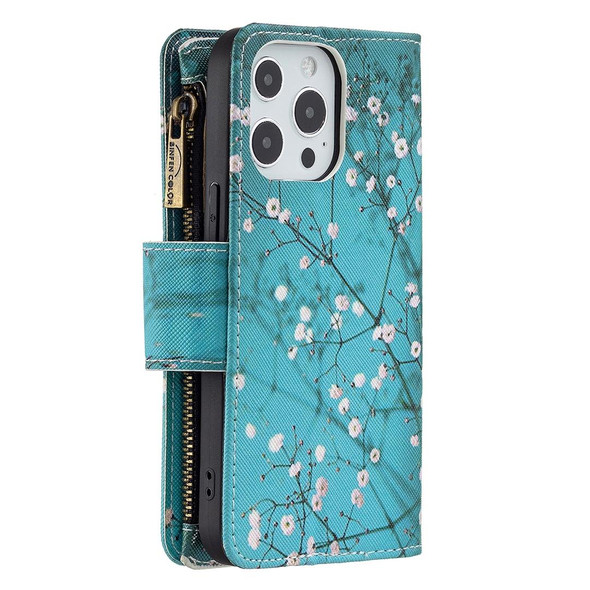 Colored Drawing Pattern Zipper Horizontal Flip Leatherette Case with Holder & Card Slots & Wallet - iPhone 13 mini(Plum Blossom)