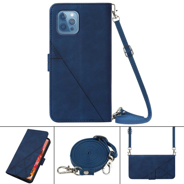 Crossbody 3D Embossed Flip Leatherette Phone Case - iPhone 12 Pro Max(Blue)