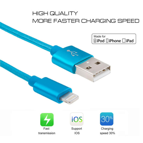 3m 3A Woven Style Metal Head 8 Pin to USB Data / Charger Cable,  - iPhone XR / iPhone XS MAX / iPhone X & XS / iPhone 8 & 8 Plus / iPhone 7 & 7 Plus / iPhone 6 & 6s & 6 Plus & 6s Plus / iPad(Blue)