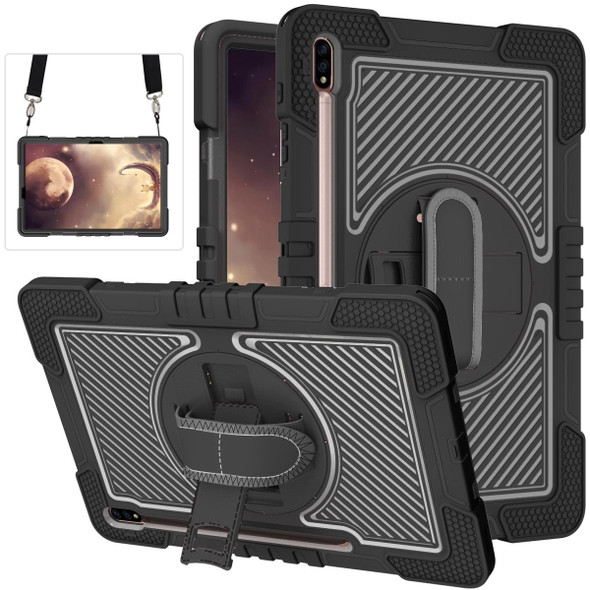 Samsung Galaxy Tab S7 FE T730 / T735 / Tab S7+ T970 / T975 360 Degree Rotation Contrast Color Shockproof Silicone + PC Case with Holder & Hand Grip Strap & Shoulder Strap(Black)