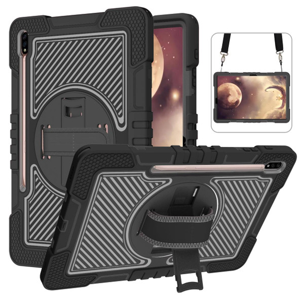 Samsung Galaxy Tab S7 FE T730 / T735 / Tab S7+ T970 / T975 360 Degree Rotation Contrast Color Shockproof Silicone + PC Case with Holder & Hand Grip Strap & Shoulder Strap(Black)