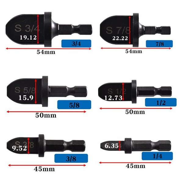 6 PCS / Set Straight Pipe Metal Reamer Hex Shank Electric Expander