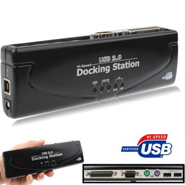 Hi-speed USB 2.0 Docking Station with 8 Ports (2xUSB 2.0 + PS2 Mouse + PS2 Keyboard + RS232 + DB25 + LAN + Upstream),Black(Black)