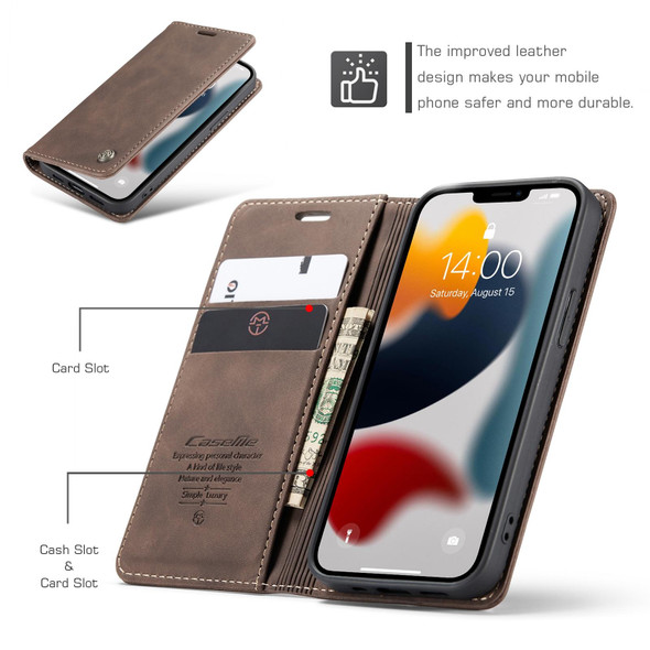 CaseMe-013 Multifunctional Retro Frosted Horizontal Flip Leatherette Case with Card Slot & Holder & Wallet - iPhone 13(Coffee)