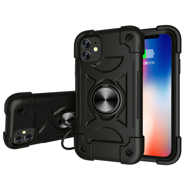 Shockproof Silicone + PC Protective Case with Dual-Ring Holder - iPhone 11(Black)