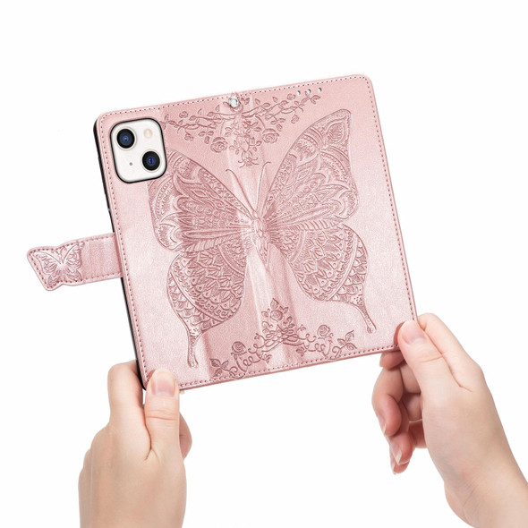 Butterfly Love Flower Embossed Horizontal Flip Leatherette Case with Bracket / Card Slot / Wallet / Lanyard - iPhone 13(Rose Gold)