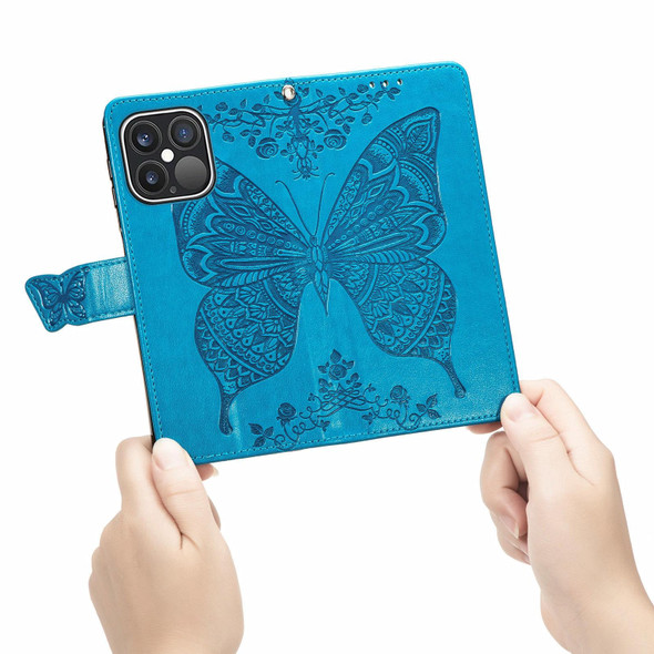 Butterfly Love Flower Embossed Horizontal Flip Leatherette Case with Bracket / Card Slot / Wallet / Lanyard - iPhone 13 Pro(Blue)